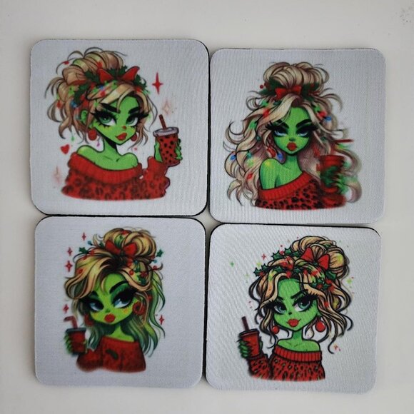 Grinch Diva 4x4 Inch Square Mat Rubber Fabric Coasters - Picture 4 of 5
